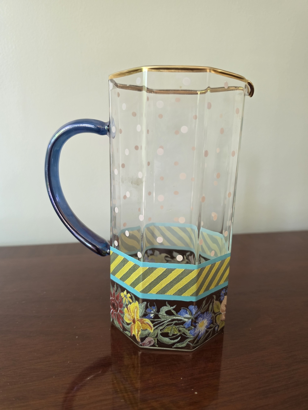 McKenzie Childs Decorative Floral Glass Pitcher with Blue Handle and Gold Rim